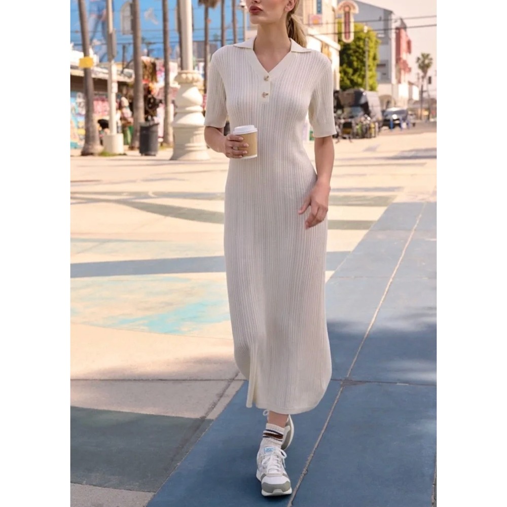 Varley Andrea Knit Midi Dress White Cotton Collared Tenniscore Clean Girl Small